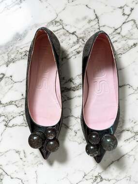 RAS Spain Black Patent Leather Pointed Toe Flats Glitter Ball Embellished Size 6